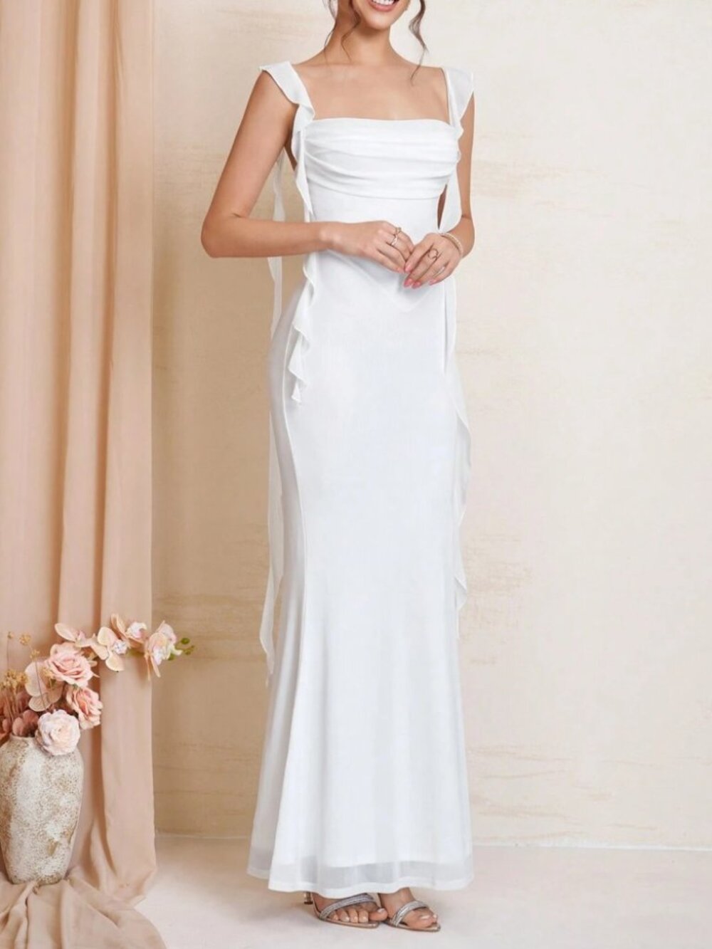 White Ruffle Trim Fitted Maxi Dress